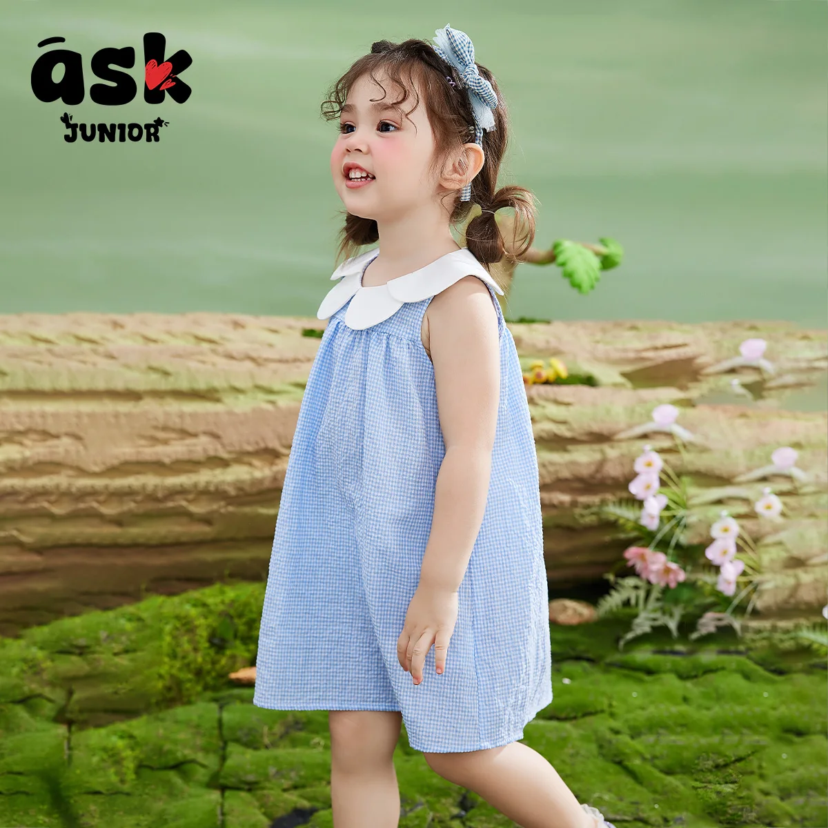 فستان ASK JUNIOR للفتيات الصيفي الرقيق للأطفال بياقة بتلة منقوش بدون أكمام