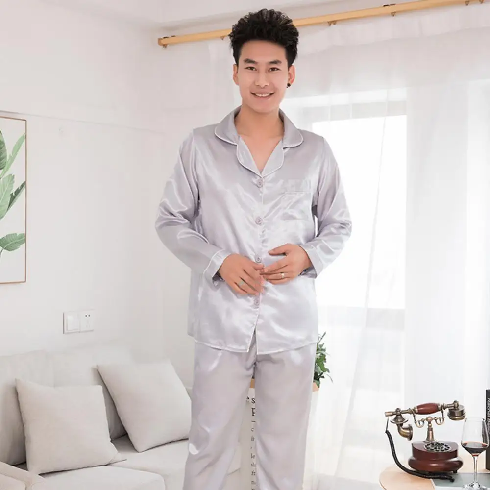 Conjunto de pijamas masculinos de cetim de seda moda pijamas casal cor sólida manga longa feminino loungewear calças superiores duas peças set 잠옷