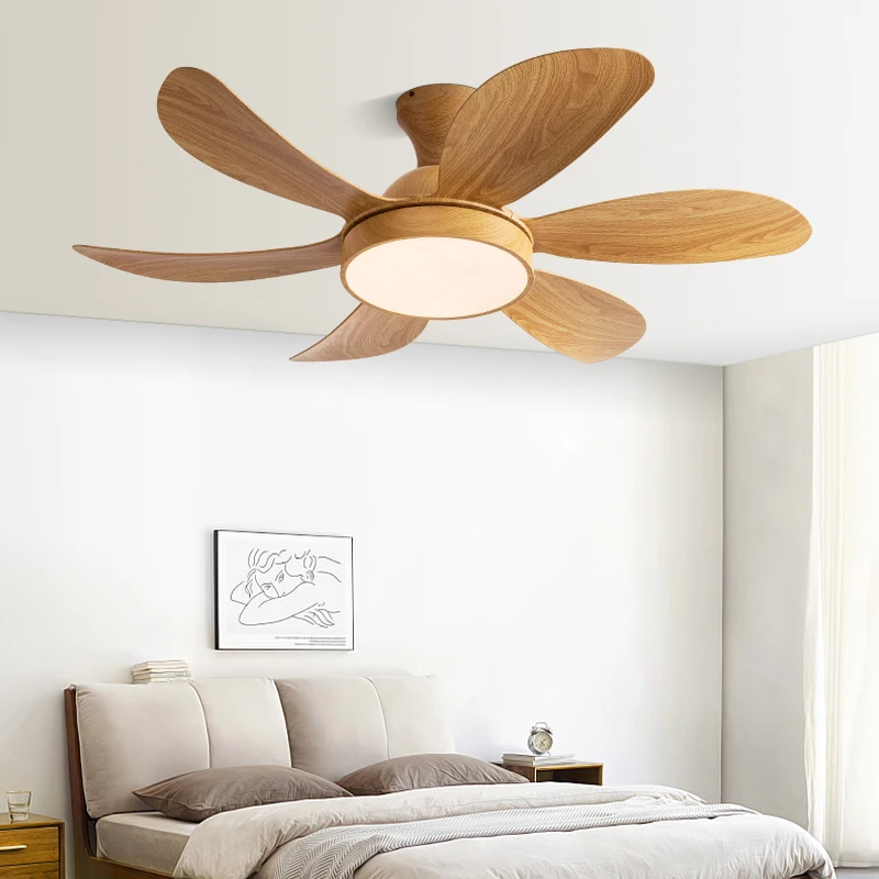 Strong Wind Fan Light Ceiling Fan Lamp Water Transfer Wood Grain Color Frequency Conversion Mute 6-Leaf Living Room Dining Decor