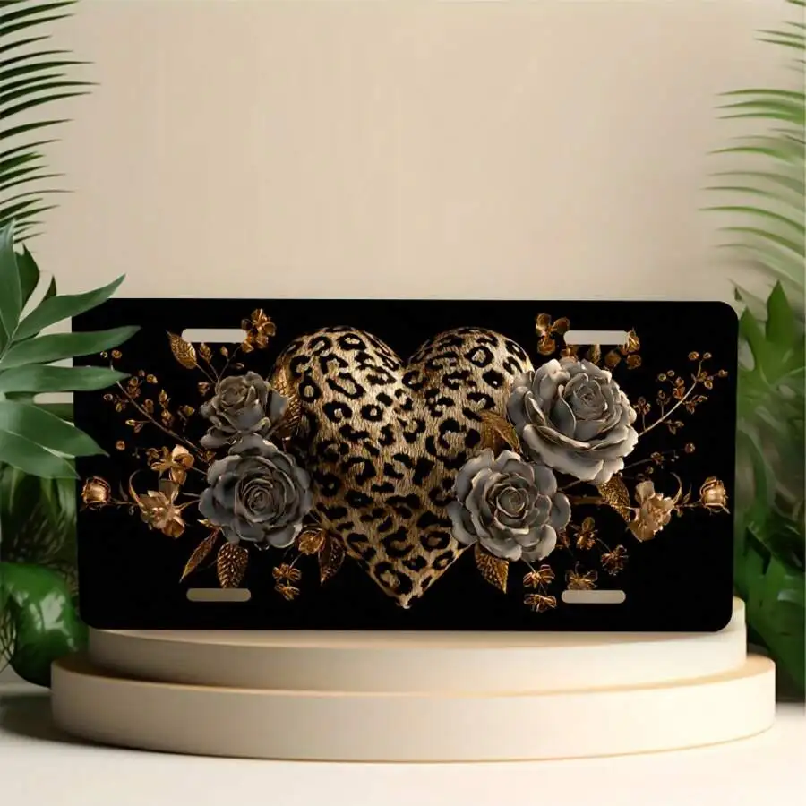 

Decorative Aluminum License Plate With Leopard Heart And Roses Design Universal Car Accessory