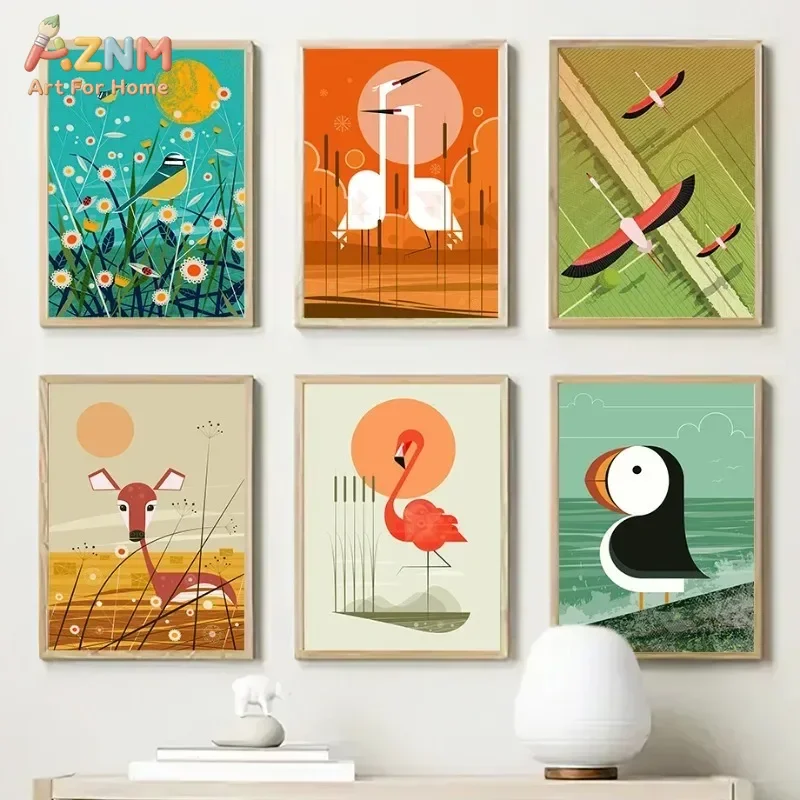 AZNM Mid Century Modern Animal Canvas Wall Art Abstract Bird Crane Flamingo Deer Puffin Geometric Colorful Nature Print Unframed
