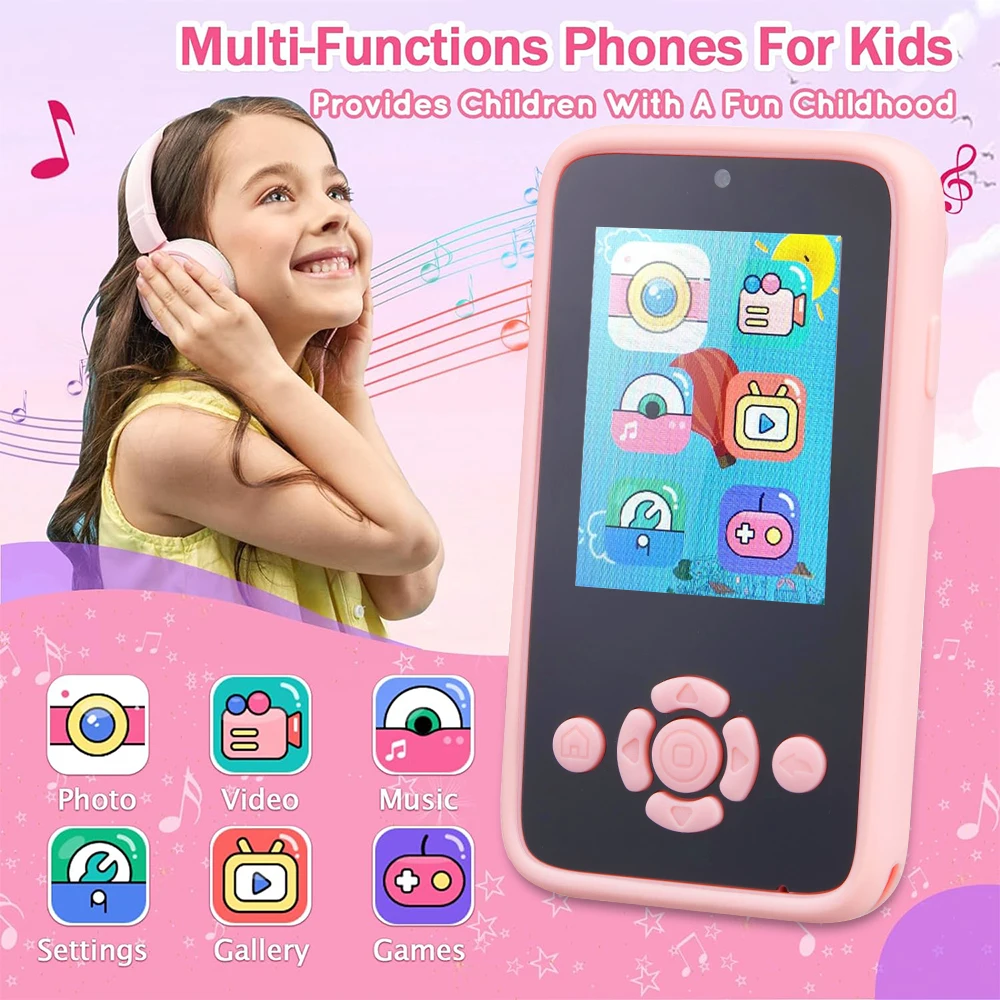 Téléphone Enfant écran Tactile 2,8 Pouces – Double Appareil Photo, 10 Jeux, Lecteur MP3 – Cadeau Anniversaire 3-10 Ans – Avec 32Go, Lanière Et Stickers