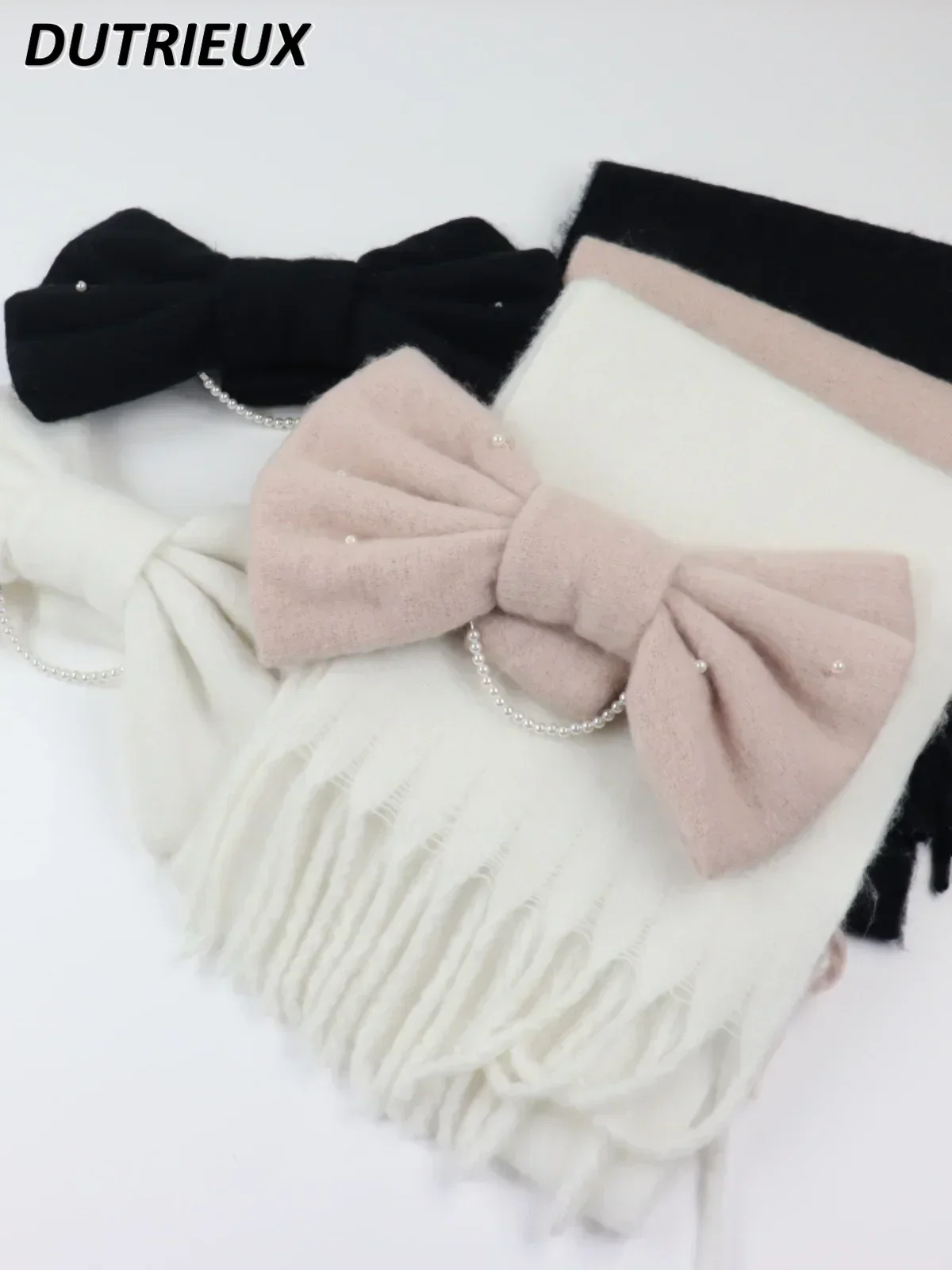 Solid Color Bow Scarf Thickened Warm Winter Solid Color Versatile Sweet and Cute Girls Mine Female Student Scarf Accessories