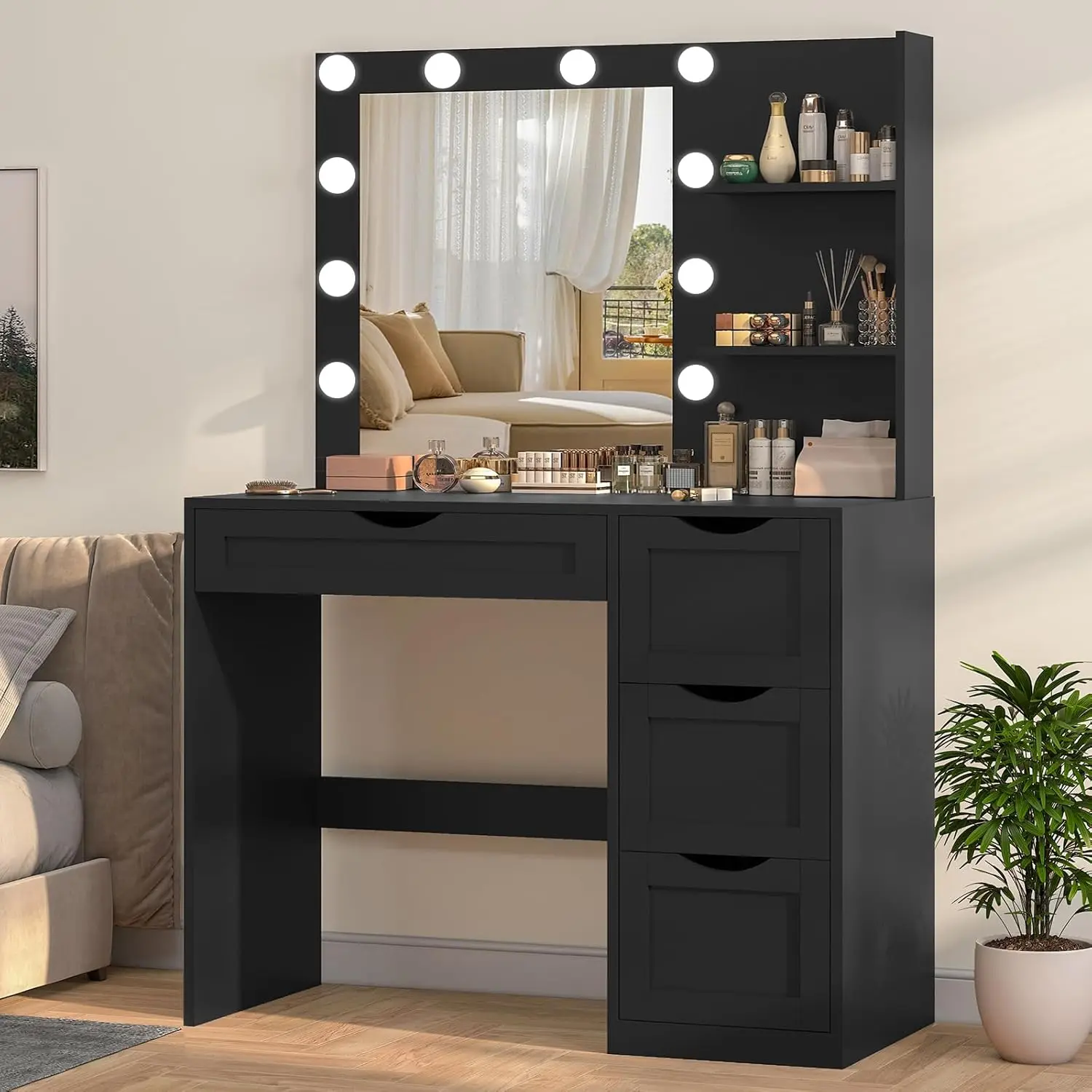 Makeup Desk with Mirror and 10 LED Lights,with 4 Drawers,2 Storage Shelves,3 Color Modes Adjustable Brightness for Bedroom,Black