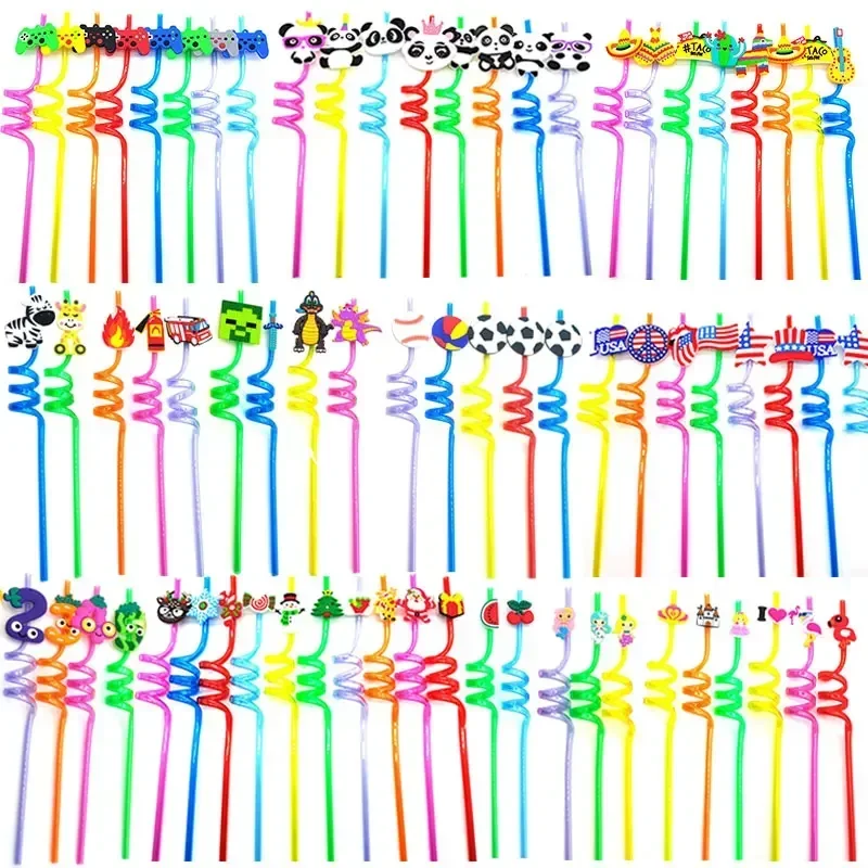 8/12pcs 26cm Christmas/game Machine/car/sea AnimalsStraw Reusable Plastic Spiral Drinking Straws Kids Birthday Party Decor