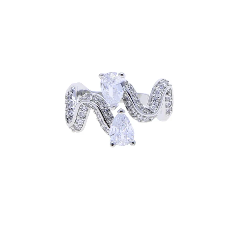 New Arrived Fashion Women Finger Jewelry Open Adjusted Big Sparking Tear Drop CZ Paved Wave Band Rings