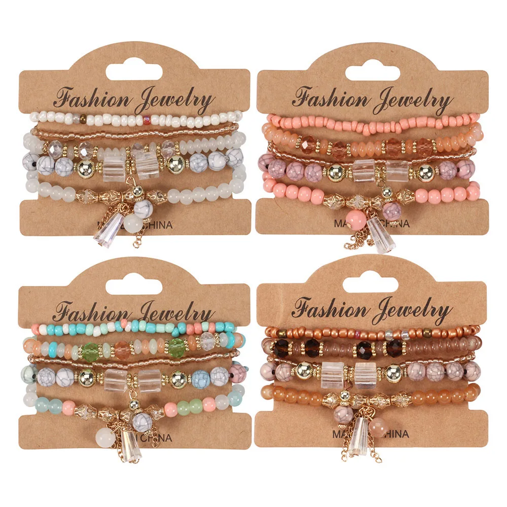 Boho Tassel Stackable Beaded Bracelet Set for Women Multi Layer Summer Vacation Wrist Chain Girl Bohemian Hand Jewelry Accessory