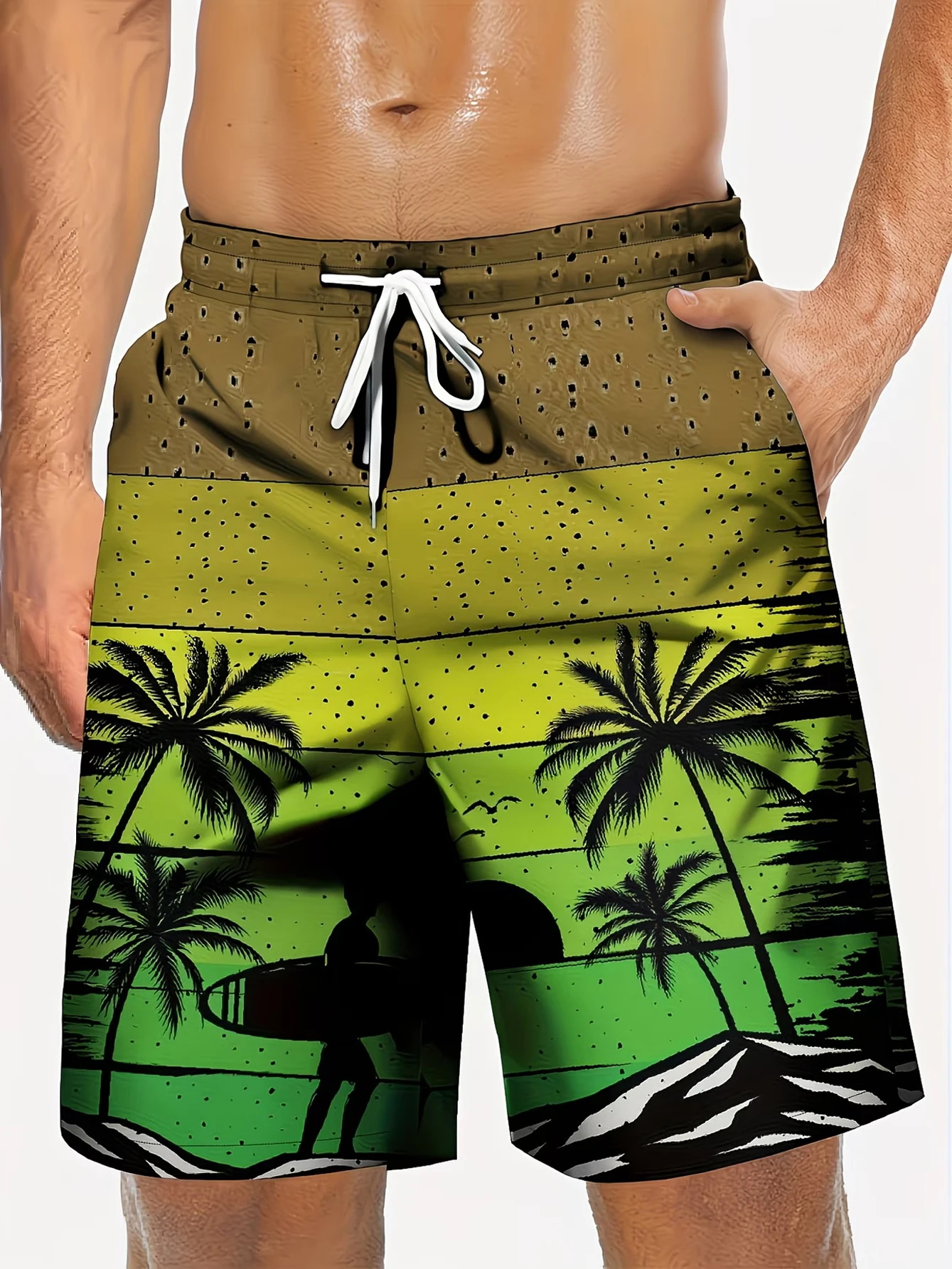 2026 New Men Quick Dry Beach Shorts Retro Green Coconut Tree Surfer Sunset Print Swim Trunks Elastic Drawstring Mesh Lining Casu
