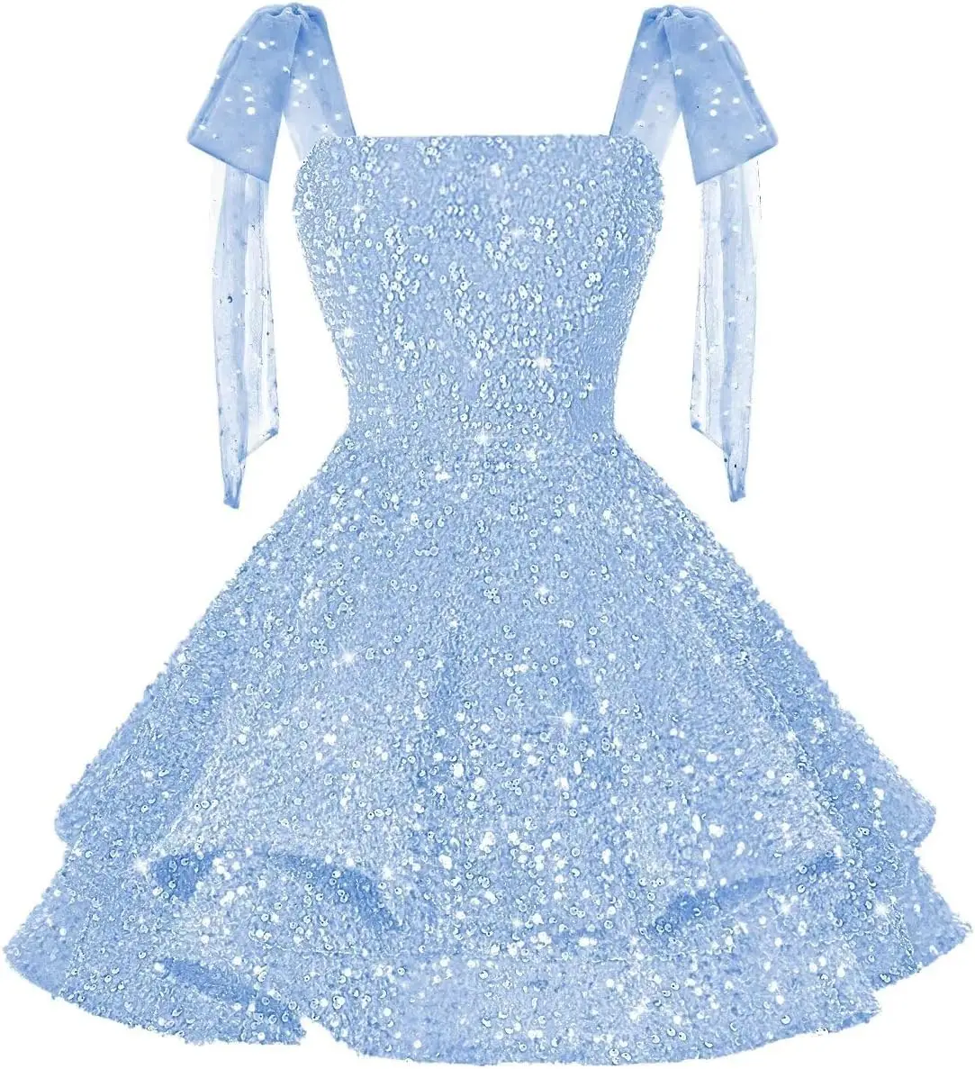 Abito corto da homecoming con paillettes scintillanti, mini abito da cocktail da ballo a strati per Sweet 16 con fiocchi sopra il ginocchio