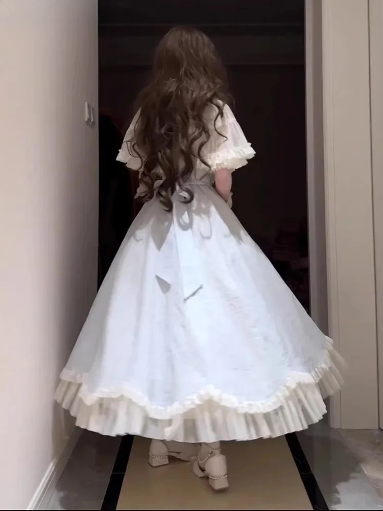 

Summer New Japanese Lolita Heavy Industry Bow Princess Dress Fairy Sweet High Waist Bow Short Sleeve Birthday Party Dresses