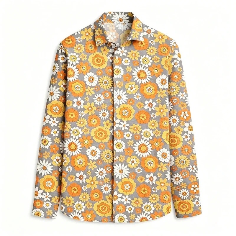 Men's Collared Long-Sleeved Shirt with All-Over sunflower Print, Flowy Blouse, Vacation Cardigan Top