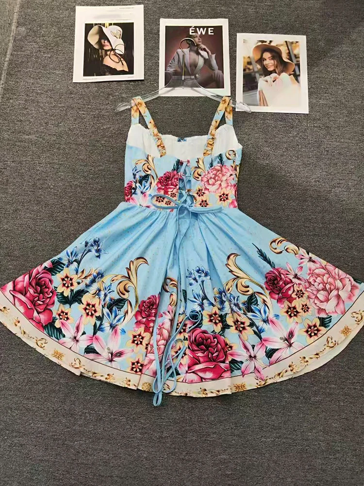 Retro printed drawstring strapless camisole dress for 2026 summer women's fashion, pleated waist cinched A-line short skirt view 5