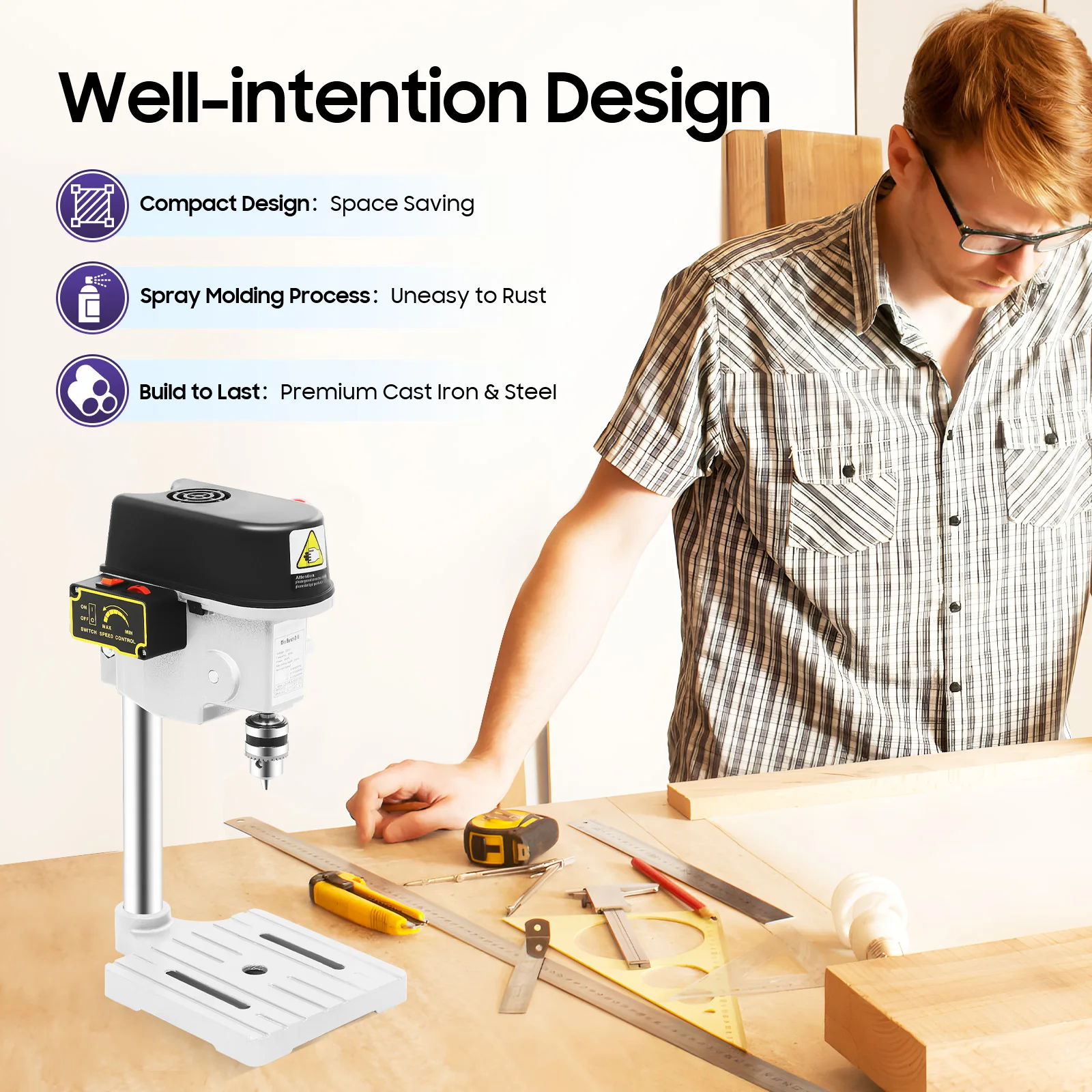340W Mini Bench Drill Press, 3-level Adjustable Speed Corded Mini Table Drill, High-precision Portable Bench Drill Machine