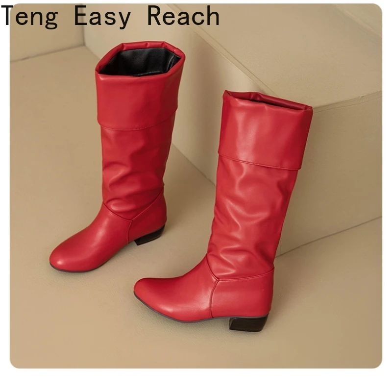 أحذية شتاء 2025 بطول الركبة للنساء، أحذية طويلة عصرية باللونين الأسود والأحمر والأبيض بكعب مكتنز للنساء Mujer 34-47