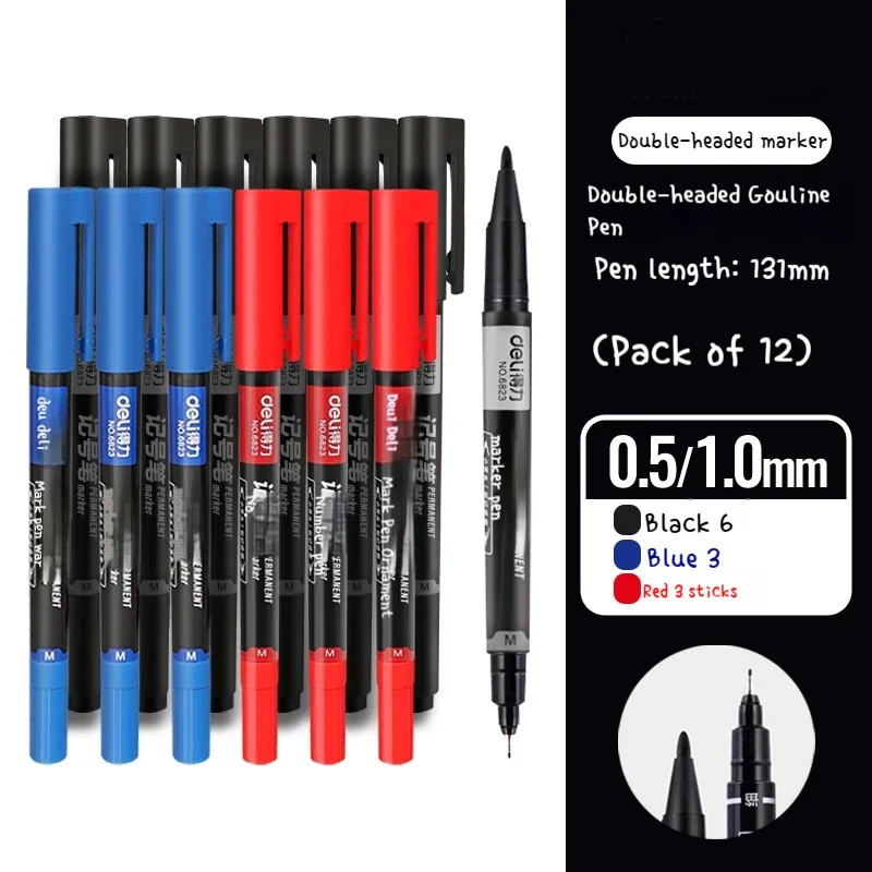 12Pcs Twin Tip Permanent Marker Pen Set Fine Point Waterproof Ink Thin Nib Crude Nib Black Ink 0.5mm-1mm Fine Color Marker Pen