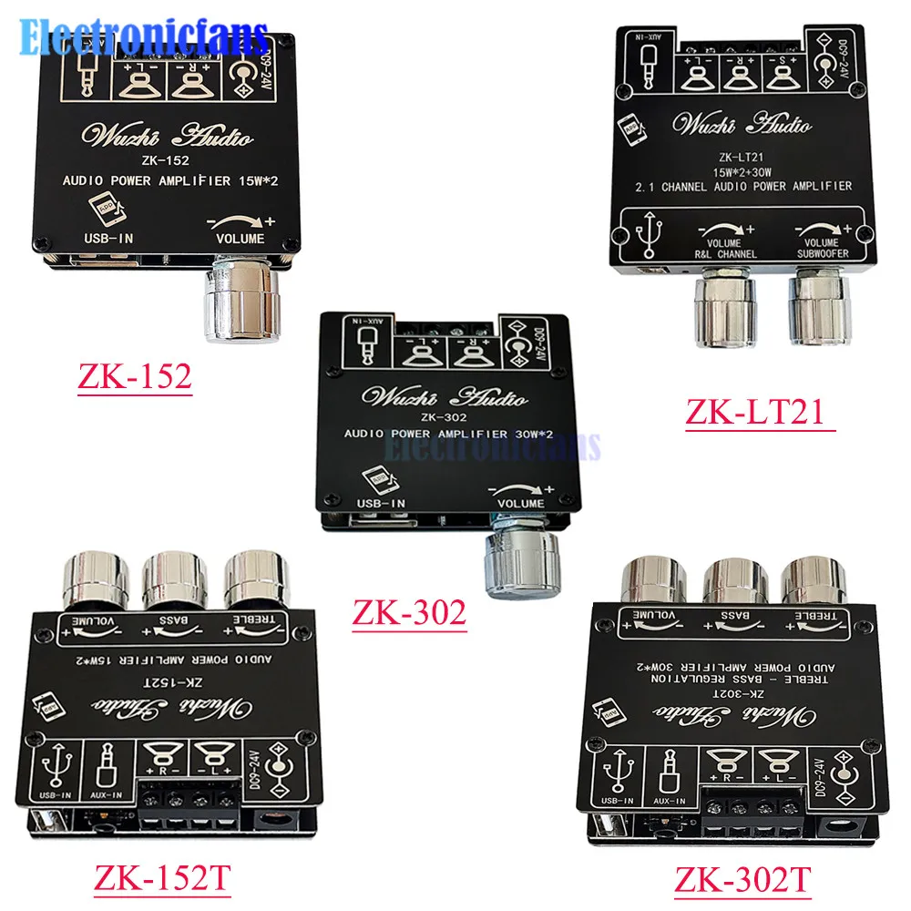 ZK-302 ZK-302T ZK-LT21 ZK-152 ZK-152T Bluetooth Audio Digital Power Amplifier Board Module 30W+30W 15W+15W with High Low Tone