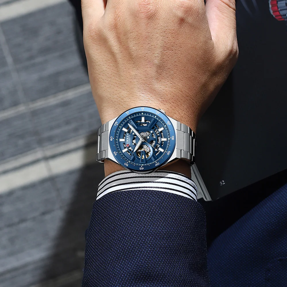 CURREN Brand Men's Fashion Sport Automatic Round Hollow Rotating Mechanical Stainless Steel Glow in the Dark Men Watch view 4