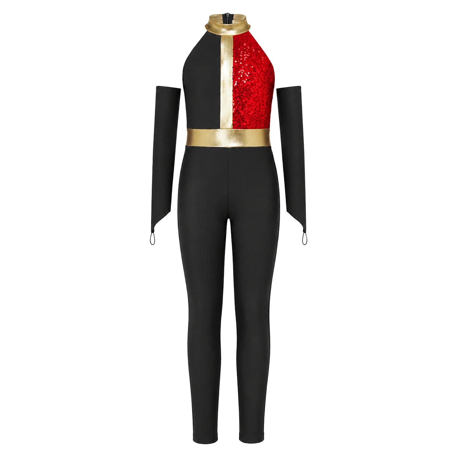 Kids Girls Sequin Patchwork Dance Jumpsuit Halter Sleeveless Bodysuit with Gloves for Gymnastics Stage Performance Costumes