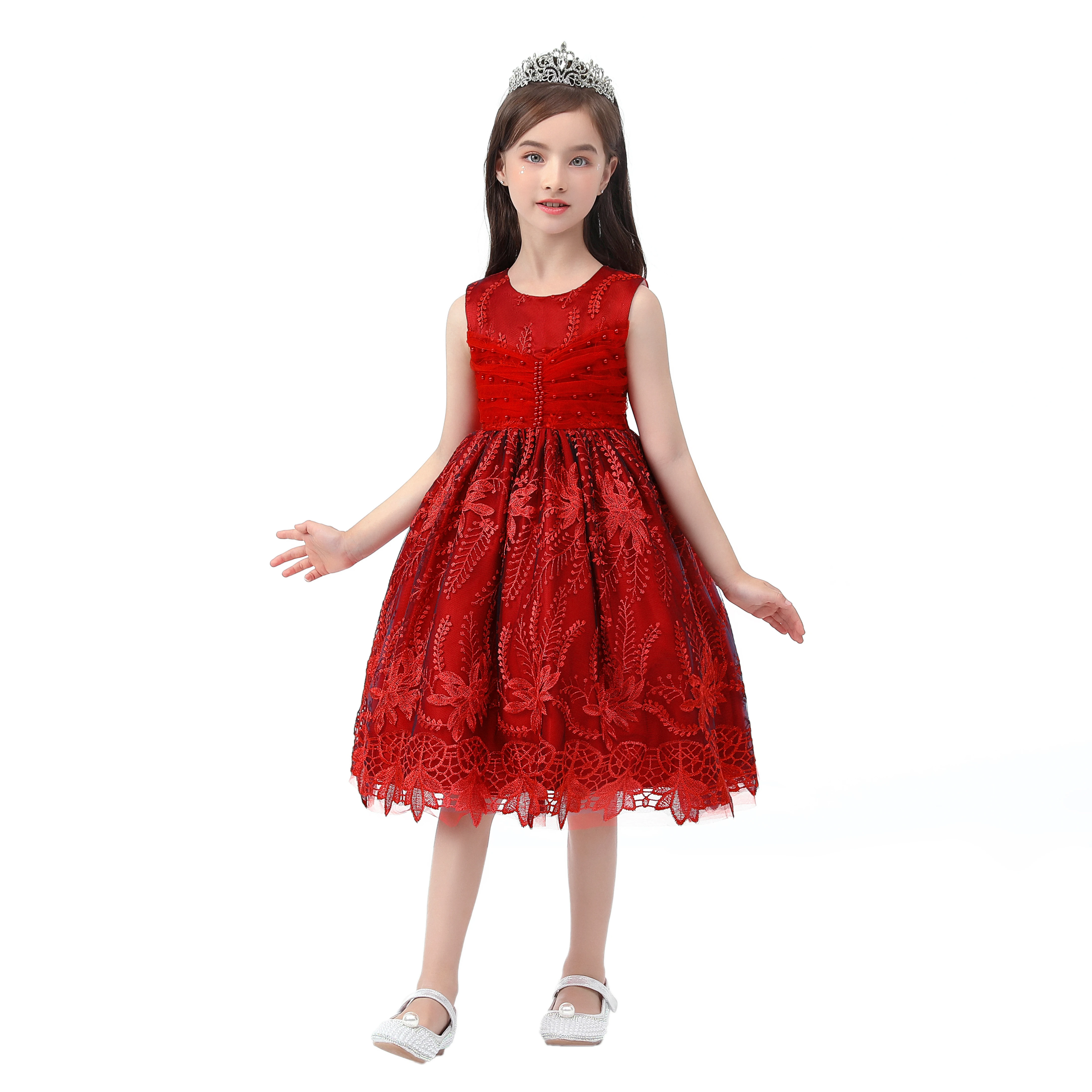 Girls' Elegant Gauze Pompadour Dress Lace Holiday Outfit Fashionable Special Occasion Children's Dress