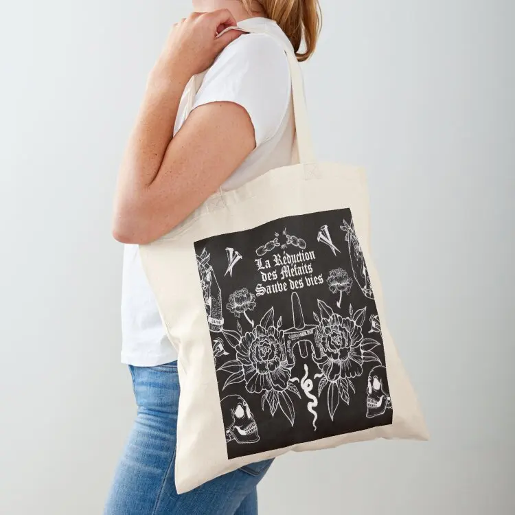 

Harm reduction saves lives, drawing by Mélodie Talbot - Black background Tote Bag cute tote bag reusable shopping bag