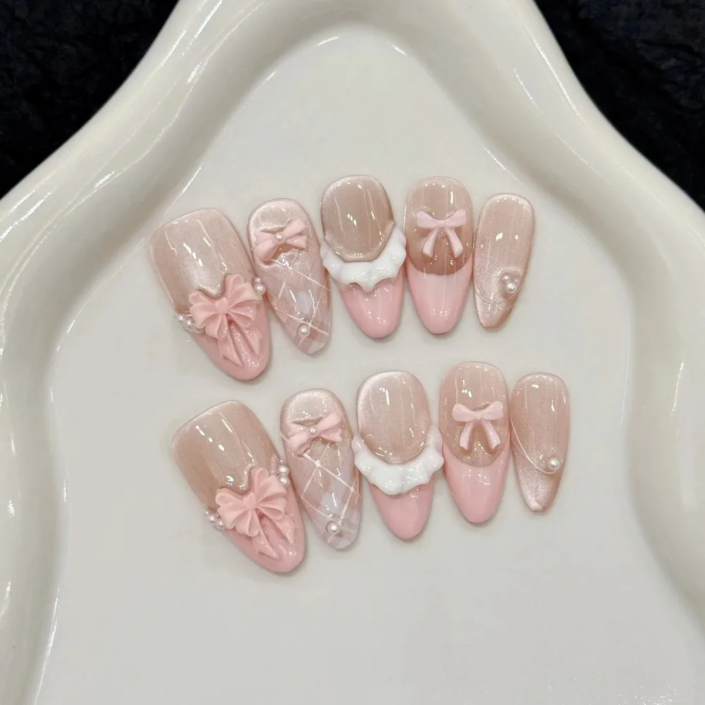 10pcs Handmade Press on Nails French Cat Eye Pink Bow Decor Korean False Nails Wearable Full Cover Ins Almond False Nail Tips