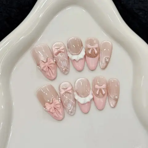 10pcs Handmade Press on Nails French Cat Eye Pink Bow Decor Korean False Nails Wearable Full Cover Ins Almond False Nail Tips