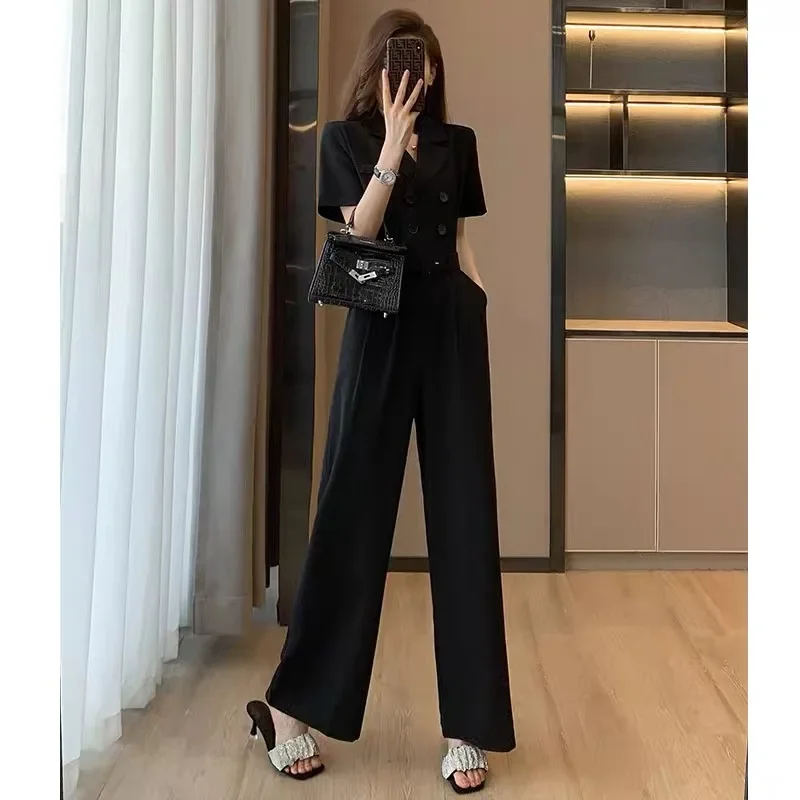 Women Jumpsuit Fashion Solid Color Notched Neck Lapel Short Sleeve Double Breasted Casual with Pockets OL Pants Romper