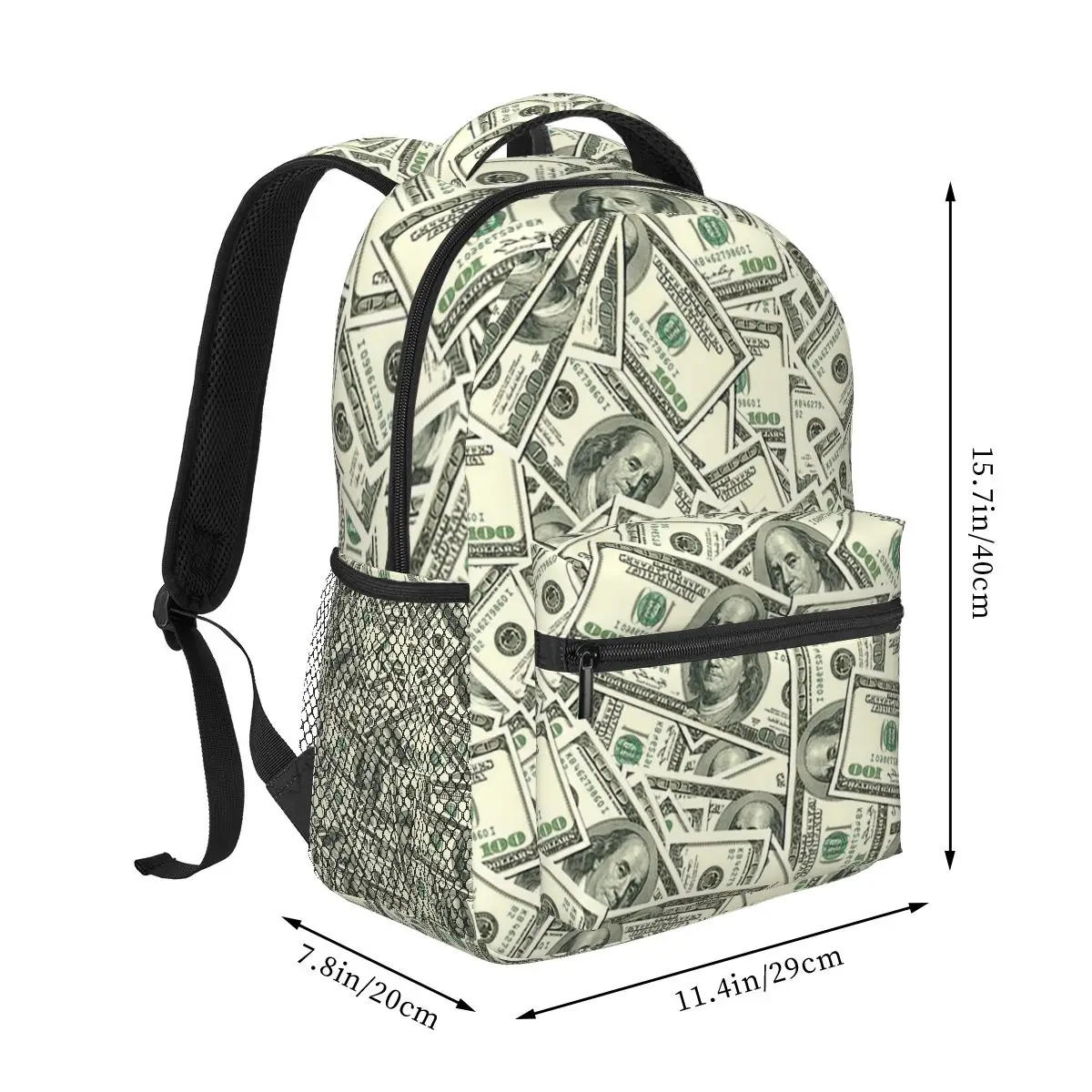 Money Themed Dollar Bill Print Student Backpack School Bag Hiking Travel Daypack for Men Women Fashion Bookbag Shoulder Bags