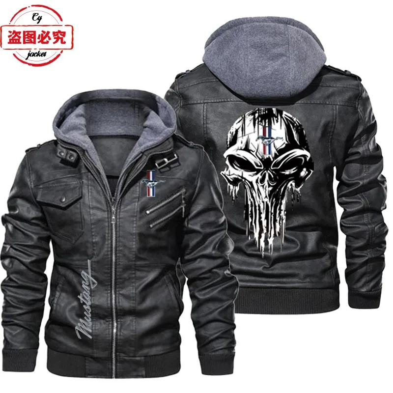 Ford Mustang LOGO retro washed pu leather jacket windproof men's hooded jacket team racing suit leather jacket