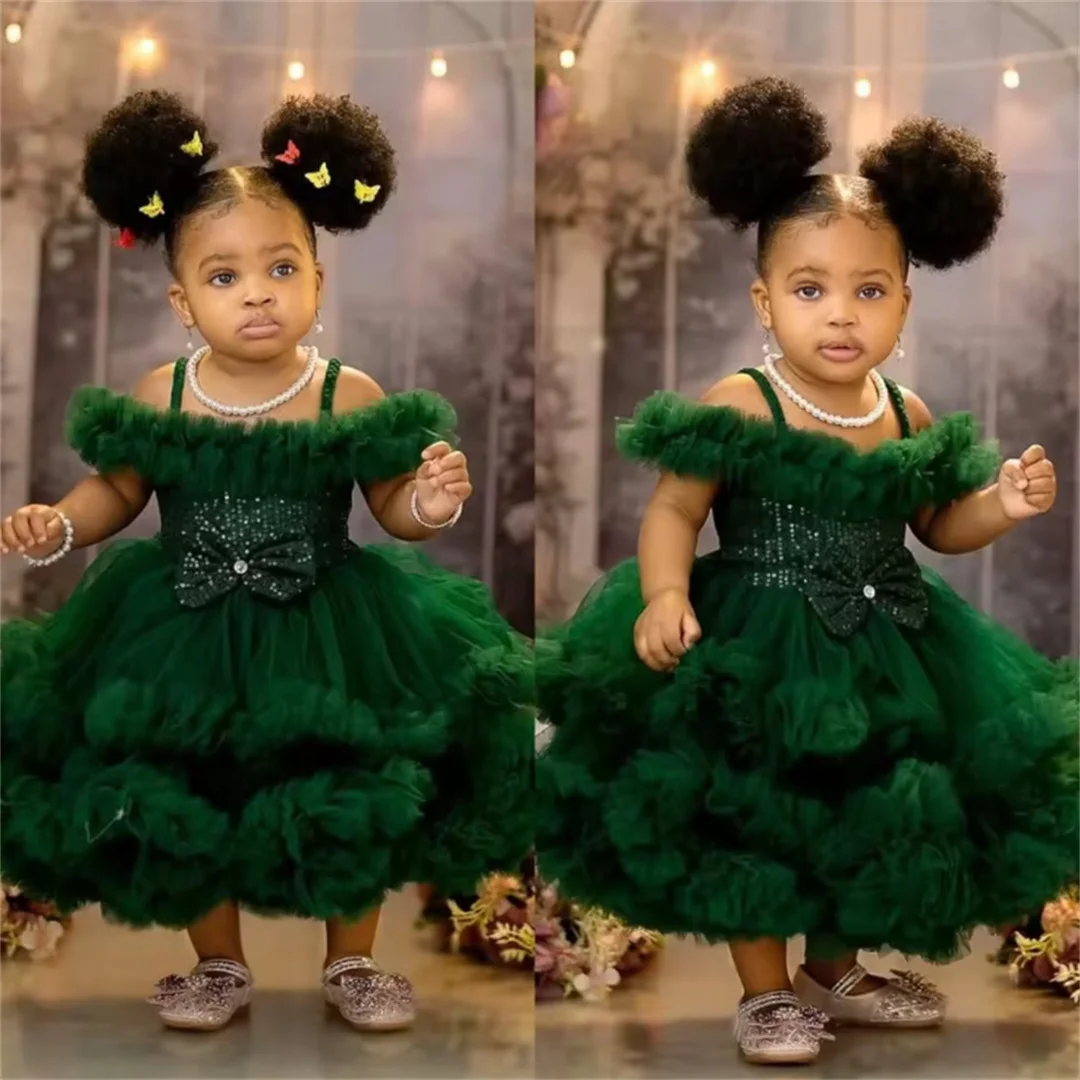 

Customized Green Flower Girl Dresses Ruffles Sequined Flowergirl Dress Birthday Party Gowns Knee Length for Photoshoot