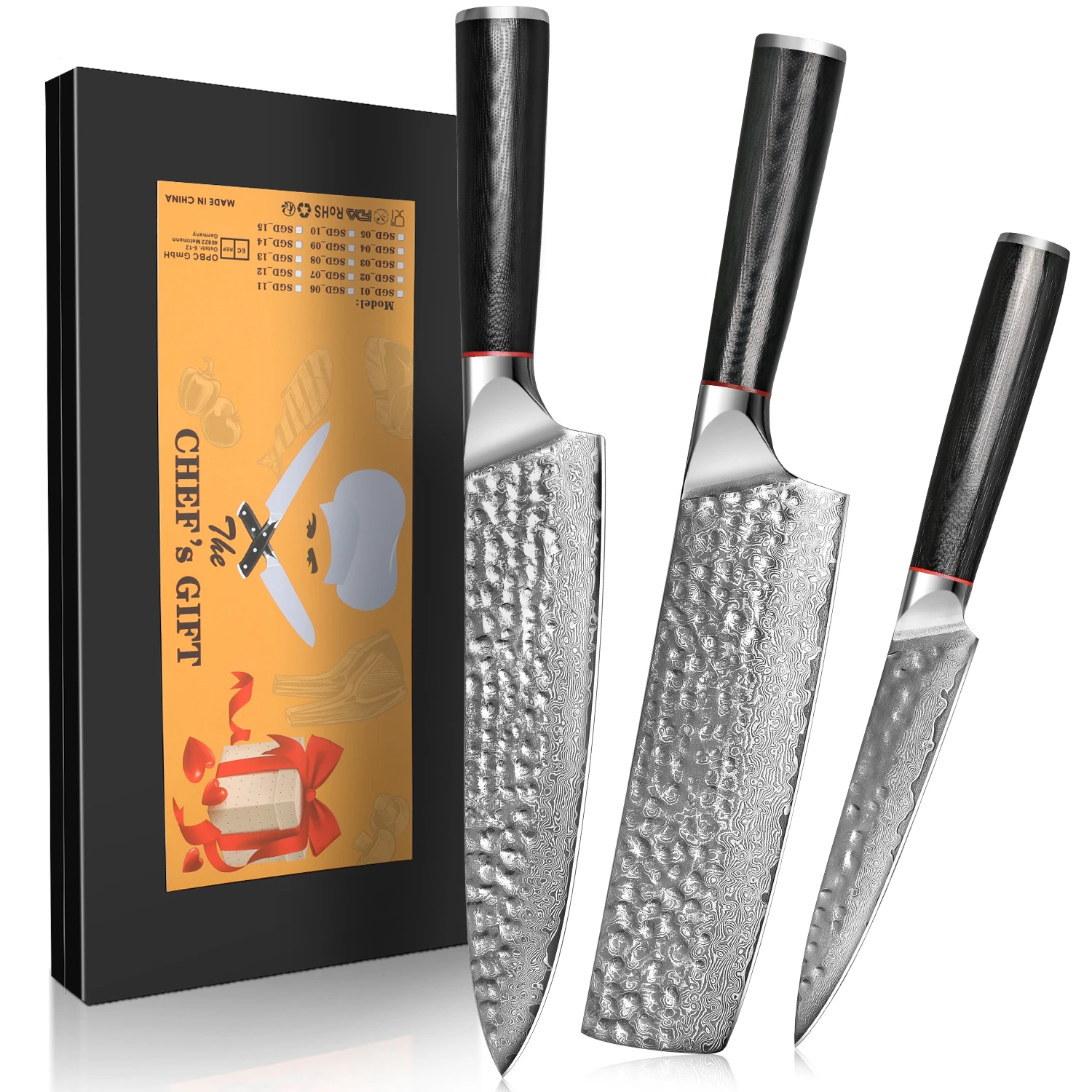 3-teiliges Küchenmesser-Set, Damaszener VG10 Stahl Kochmesser-Set, für Fleisch- und Fischschneiden, Professionelles Küchenmesser, Ergonomischer Griff