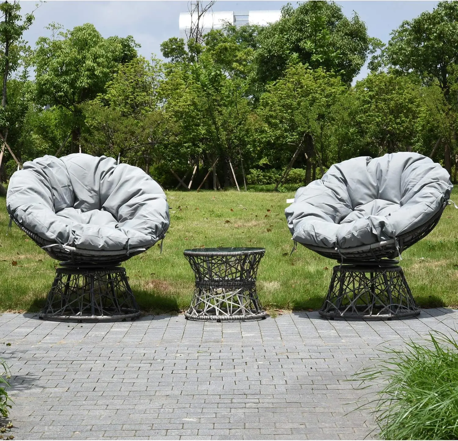 Patio Wicker Papasan Swivel Chair Sectional Set with Cushion and Frame Base Rattan Comfy Outdoor Loveseat Gray Outdoor Indoor