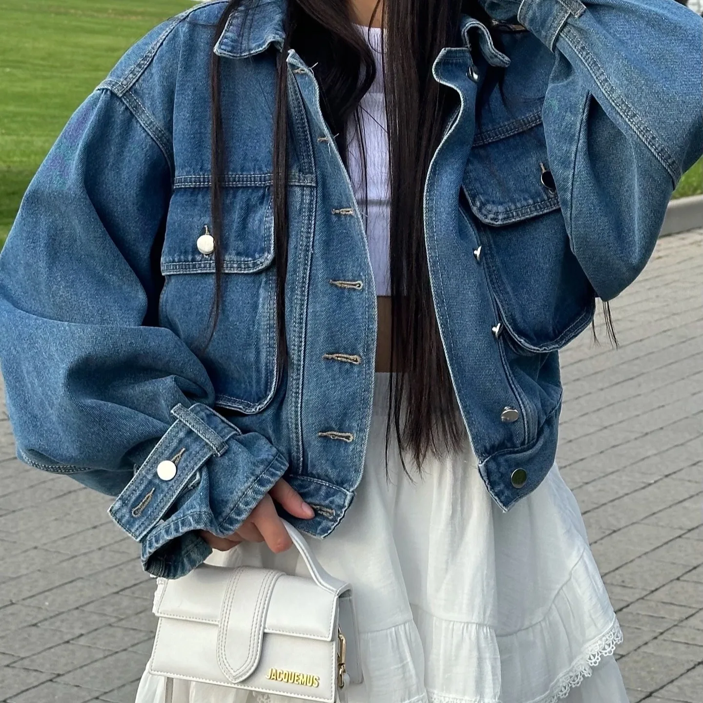 Loose Shoulder Short Denim Jacket Korean Style Workwear Multi-Pocket Design Casual Women's Fashion Autumn Spring Outerwear