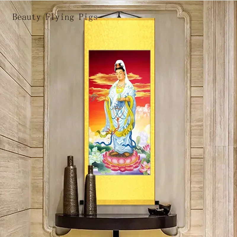 Customized Chinese Style Silk Cloth Guanyin Portrait Hanging Painting, Household Offering Buddha Statue Scroll Feng Shui  People