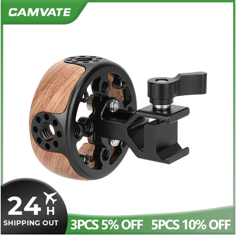 CAMVATE Camera Wooden Handgrip Round Left / Right-Hand Use with Quick Release NATO Clamp for DSLR Mirrorless Video Camera Cage