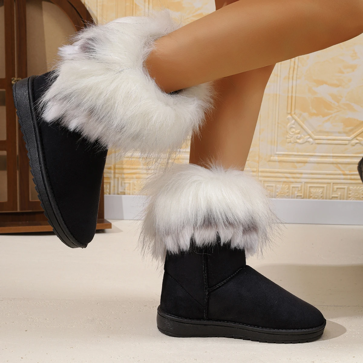 Damen-Winterstiefel bis zum Knie, mit Fell gefüttert, Baumwollschuhe, Freizeit-Flachschuhe, runde Zehen, Gummisohle, einfarbig – Detail 19