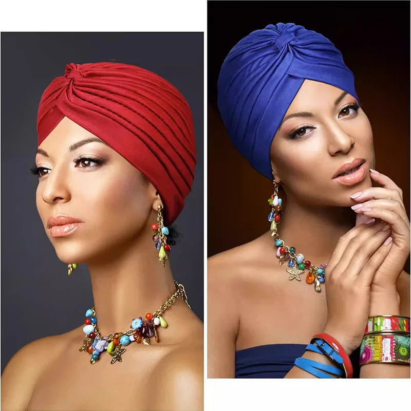 Women Stretch Turban Head Bonnet Cover Twisted Pleated Headwrap Assorted Colors Hair Cover Beanie Hats for Women