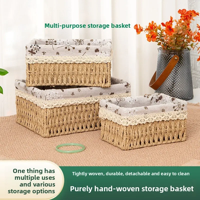 

Country Style Handmade Rattan Storage Basket Large Capacity Organizer for Desktop Cosmetics Keys Snacks Home Decor
