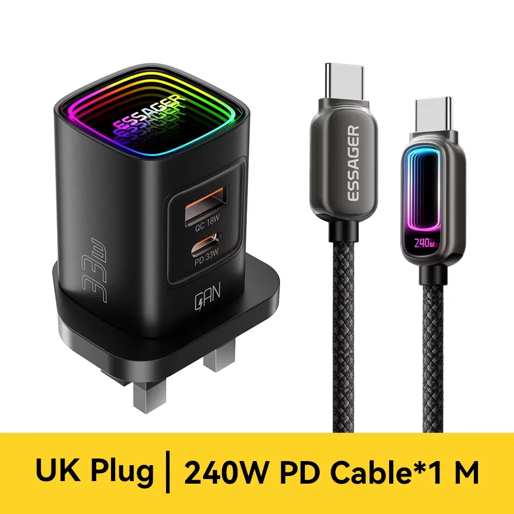 Essager GaN 33W USB Typ-C Ladegerät Tragbares PD-Schnellladegerät für iPhone 17 16 15 14 Pro Max iPad Xiaomi Samsung S25 RGB-Ladegerät