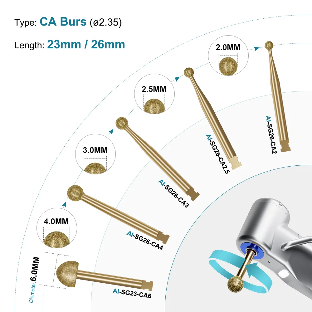 Dental 2.35mm CA Diamond Burs for Implant Surgical Handpiece  23mm/24mm/34mm Polishing Drills Spare Parts 1 PCS