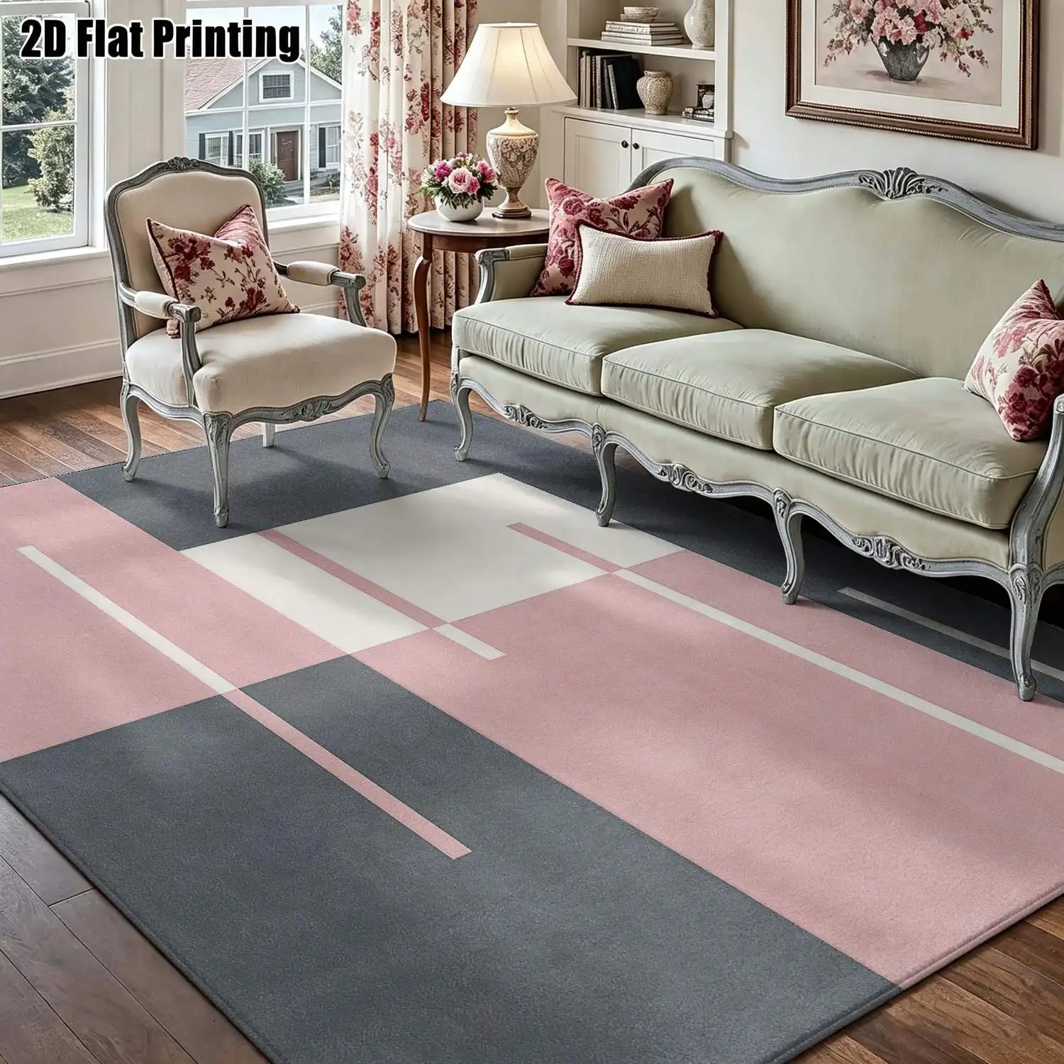 1Pc 2D Printed Pink-Grey Geometric Line Nordic/Instagram Style Carpet, Machine Washable, Multi-Size, Suitable for Home Decor Such as Entryway, Dining Room, Bedroom, Living Room