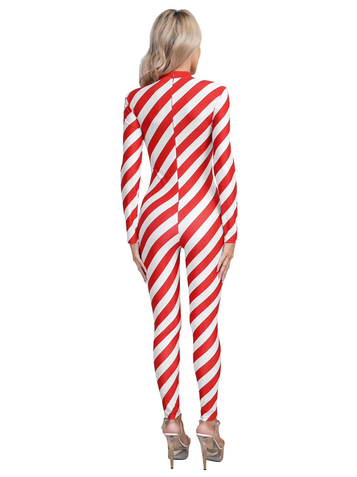 #S-5XL Womens Christmas Candy Cane Bodysuit Santa Costume Unitard Mock Neck Long Sleeve Zipper Jumpsuit for Xmas Cosplay Party