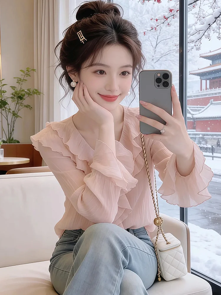 

Pink Ruffle Hem V-Neck Long Sleeve Women's Shirt Casual Loose Style Spring Fashion High-End Sensation Age-Defying Top