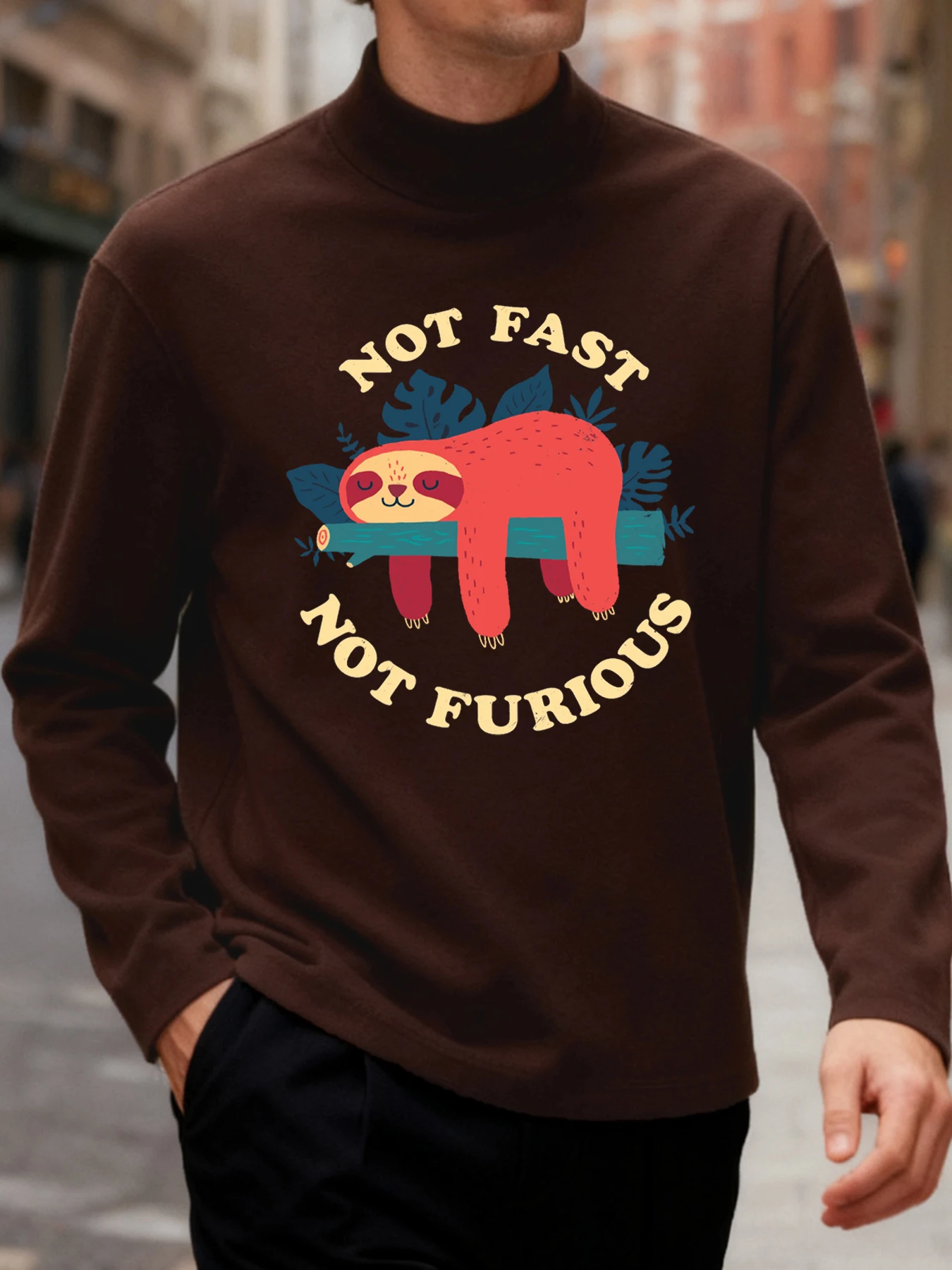 เสื้อยืดพิมพ์ลาย Not Fast Not Furious สำหรับผู้ชาย คอเต่าครึ่งตัว สไตล์ลำลอง เสื้อยืดฤดูใบไม้ร่วง ผ้าฟลีซ ยืดหยุ่น สตรีทแวร์ ฮิปฮอป แขนยาว