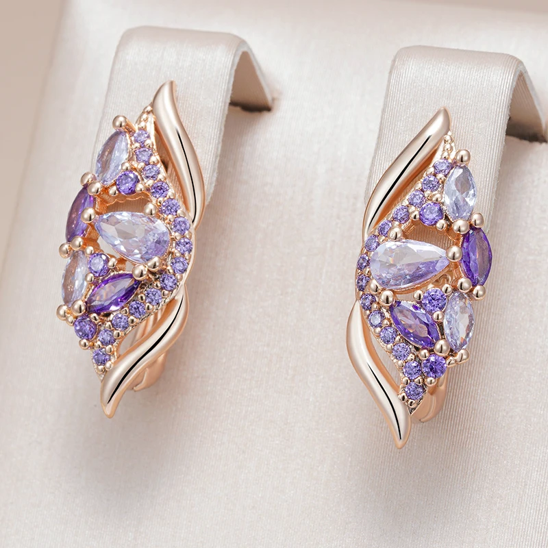 Kinel Trend Glänzende Lila Natürliche Zirkon Tropfen Ohrringe für Frauen Luxus 585er Roségold Farbe Qualität Täglich Feiner Vintage-Schmuck