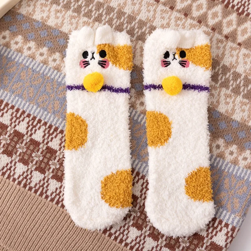 Autumn and Winter New Non-hair Ears Embroidery Fortune Cat Claws Sleep Children Warm Thick Socks