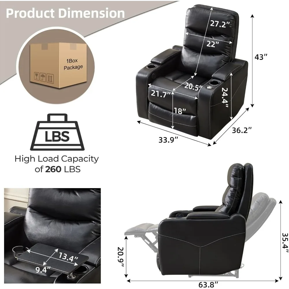 Electric Power Recliner Chair with LED Lights,Home Theater Seating with Swivel Tray Table,Faux Leather Recline Single Sofa Chair