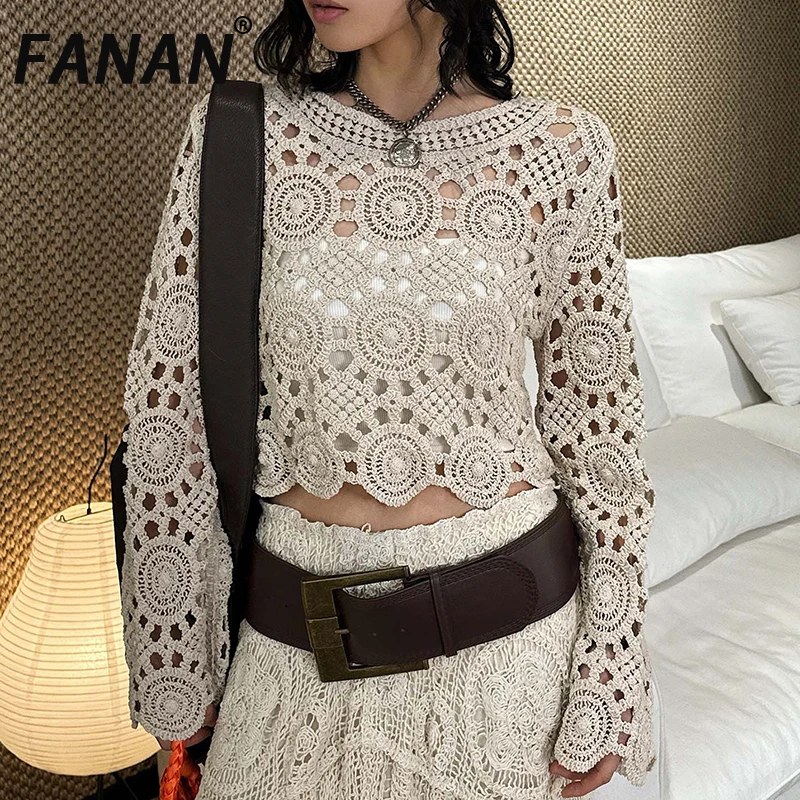 

Модный кружевной свитер FANAN с вырезами для женщин, с круглым вырезом, длинными рукавами, облегающий топ, офисная одежда для женщин, весна 2026, новинка