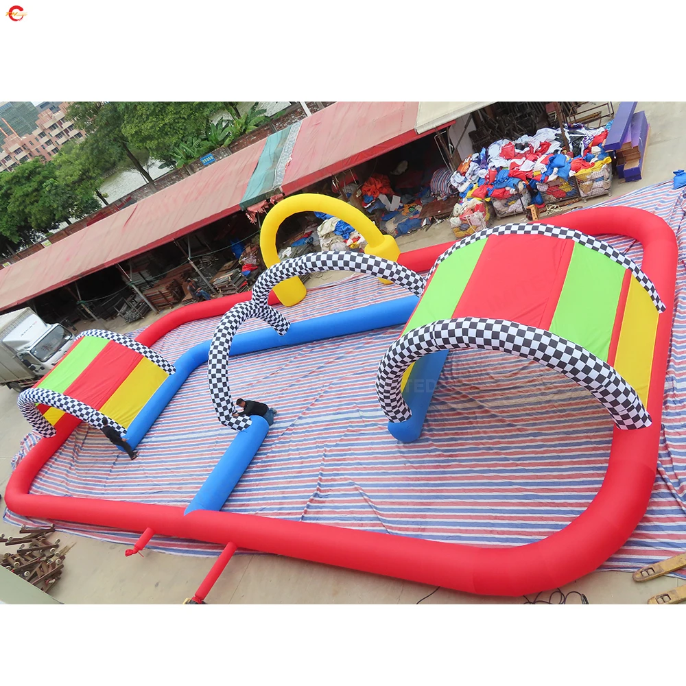 Fast Door Shipping 15x10m Optional Gokart Giant Inflatable Race Track Air Race Track Rc Mega Blow Up Arena Playground Toys