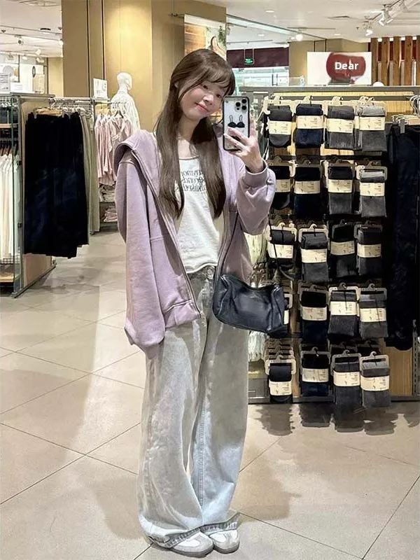 Loose Fit Hooded Zipper Jacket Thickened Women's Sweatshirt Purple Autumn Winter College Style Fashion Small Size Vintage Coat
